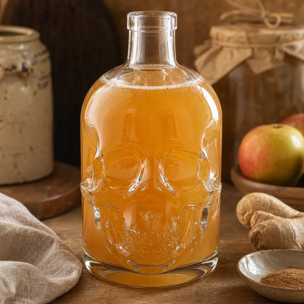 Szklana butelka z czaszką 500ml Jack wypełniona sokiem jabłkowym rustykalna dekoracja kuchenna bez zakrętki wzór UNiTWIST