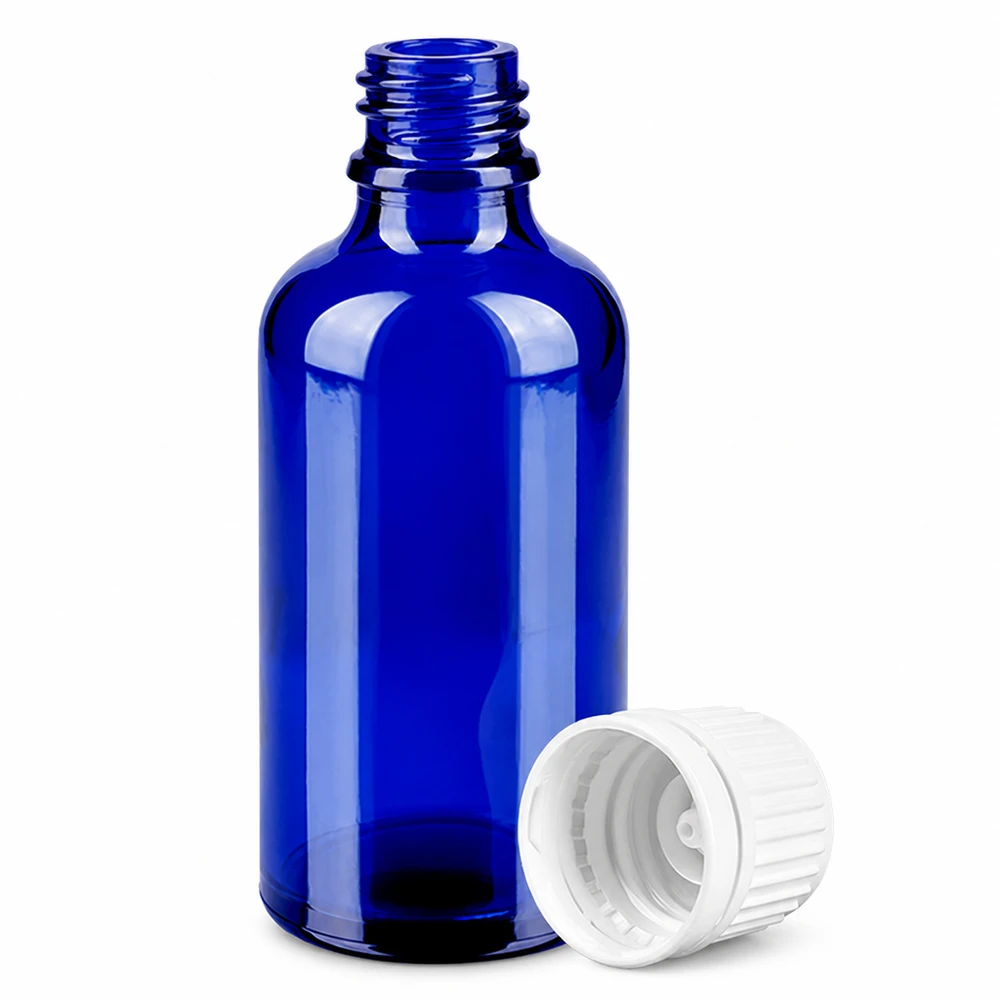 Butelka 50 ml 11 mm SV biała OV BlueLine UT18/50 Szklana butelka o pojemności 50 ml z gwintem i białą nakrętką do olejków eterycznych.