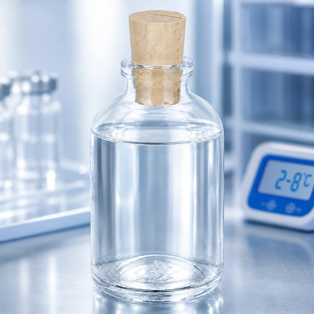 Przezroczysta szklana butelka 50 ml z korkiem 11/14 mm Apothekerflasche Klarglas 50ml mit Korken 11/14mm halb gefüllt mit klarer Lösung im Kühlbereich