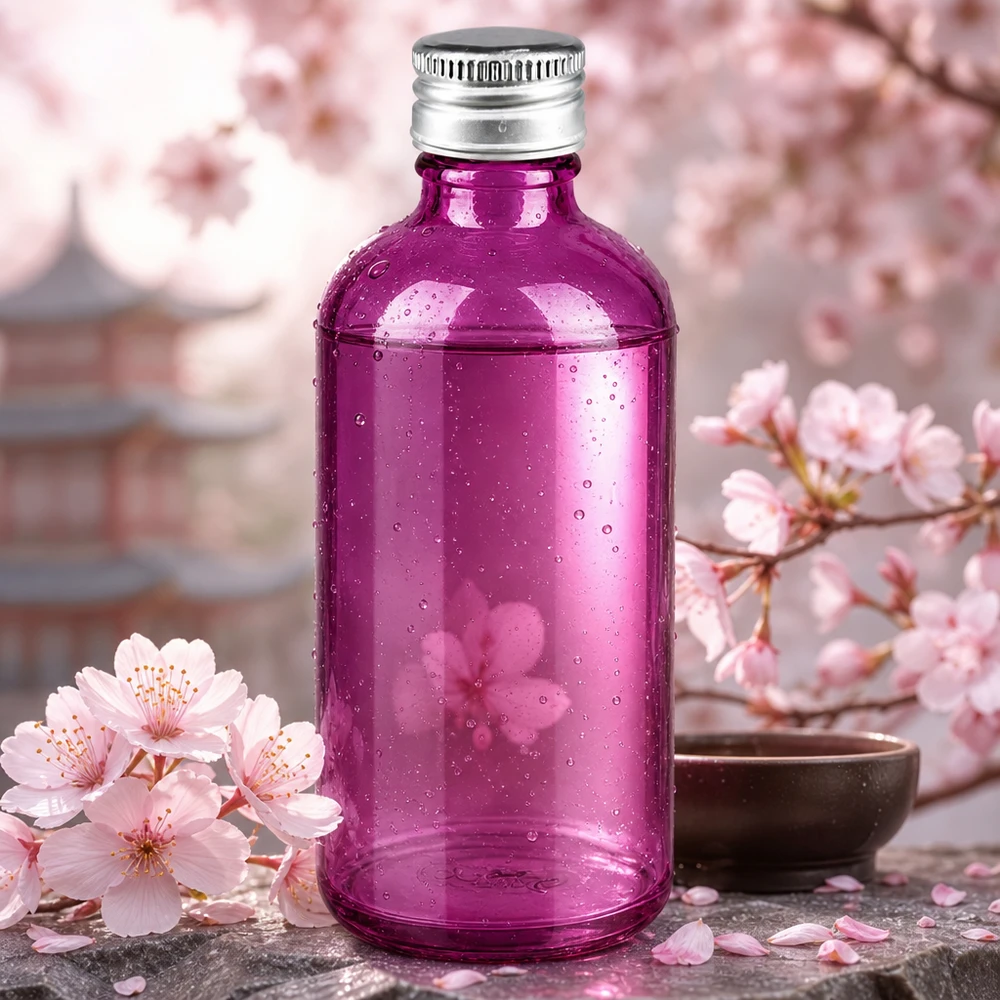 Butelka 100 ml. Zakrętka 11 mm aluminiowo-srebrna w standardzie PurpleLine. UT18/100 Elegancka fioletowa szklana butelka o pojemności 100 ml z gwintem 11 mm, idealna do pakowania kosmetyków premium