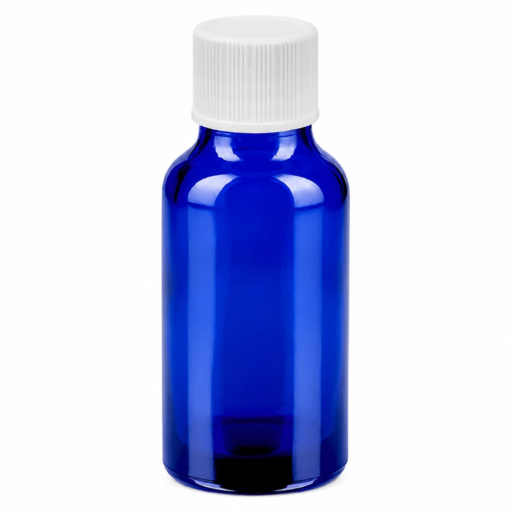 Butelka 20 ml 11 mm SV biała STD BlueLine UT18/20 Szklana butelka 20 ml w kolorze niebieskim z białą zakrętką do olejków eterycznych i kosmetyków