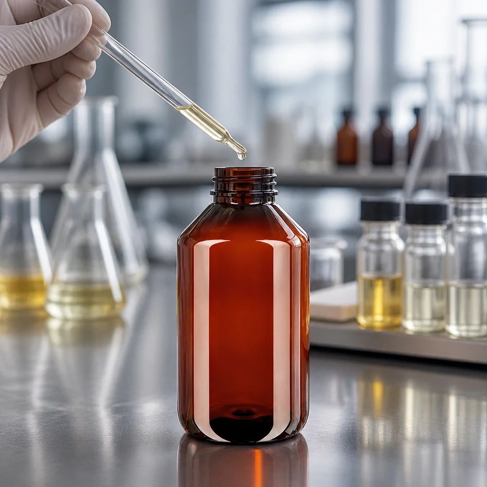 Butelka PET 500 ml z białym karbowanym OV Pusta brązowa butelka PET o pojemności 500 ml z białą, karbowaną nakrętką w środowisku laboratoryjnym