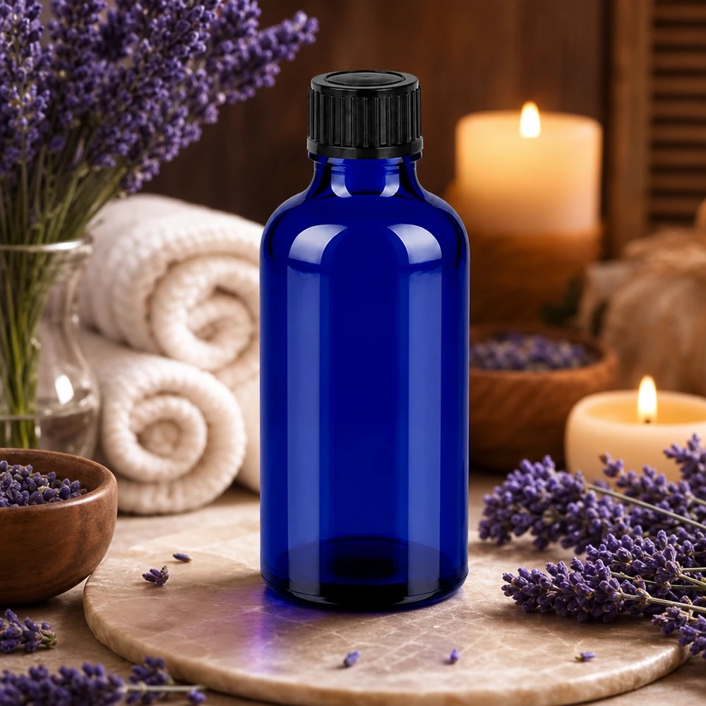 50 ml butelka 11 mm SV czarna OV BlueLine UT18/50 Wysokiej jakości szklana butelka BlueLine o pojemności 50 ml z czarną nakrętką do olejków eterycznych i aromaterapii
