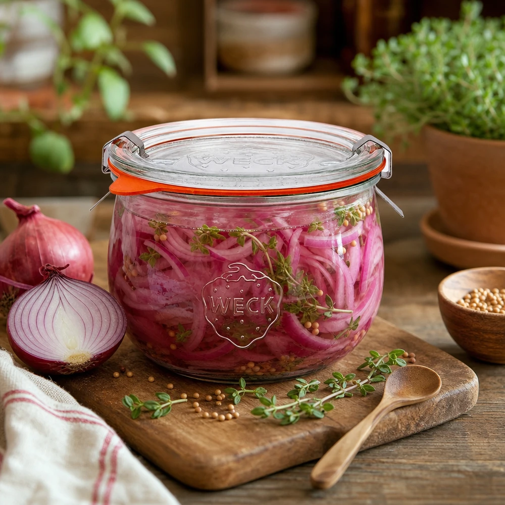 Słoik tulipan WECK 580ml RR100 wypełniony marynowaną czerwoną cebulą, dekoracyjnie ułożony z ziołami na drewnianej desce