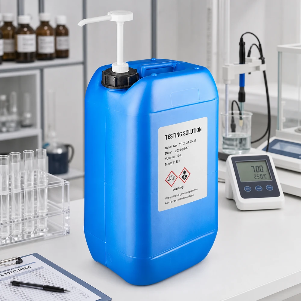 Niebieski kanister z HDPE o pojemności 15 litrów z ergonomicznym uchwytem i białą pompką dozującą