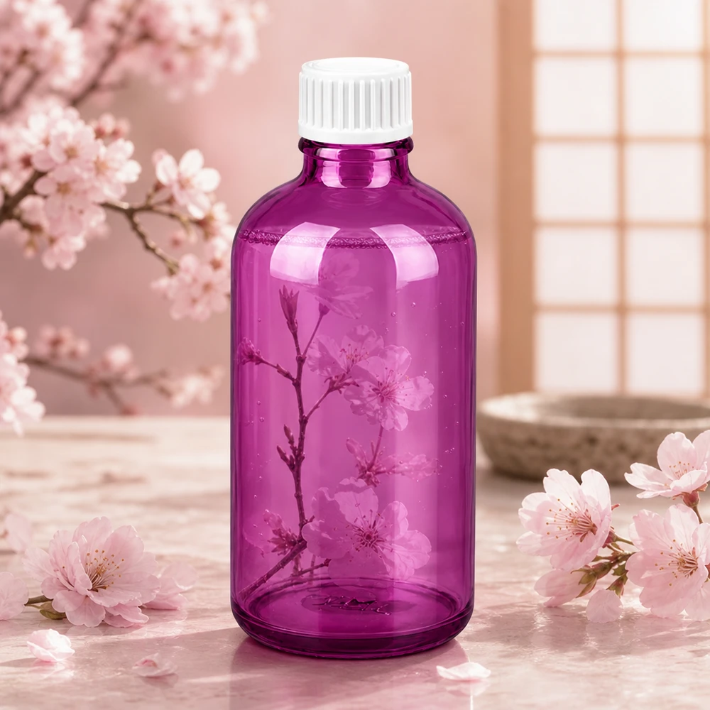 Okrągła szklana butelka o pojemności 100 ml w eleganckim fioletowym kolorze z praktycznym gwintem UT18