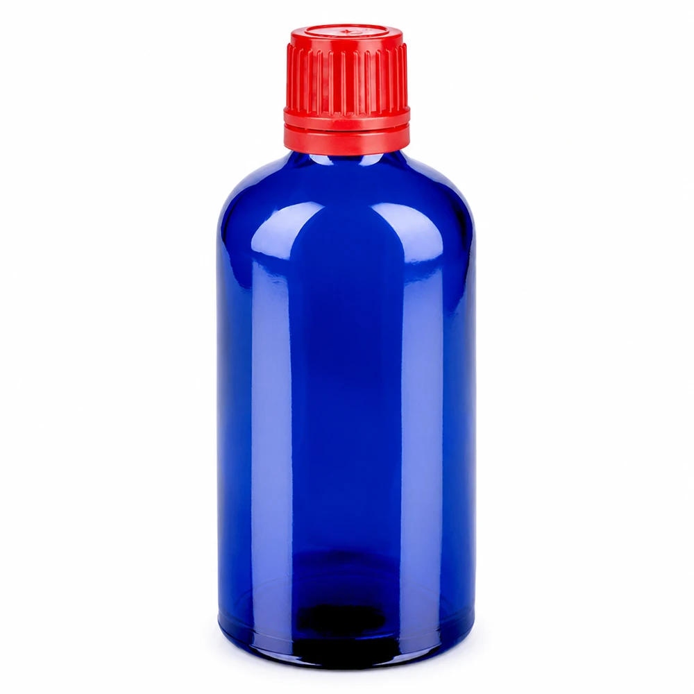 Butelka z niebieskiego szkła o pojemności 100 ml z czerwoną zakrętką SV 11 mm OV BlueLine UT18/100