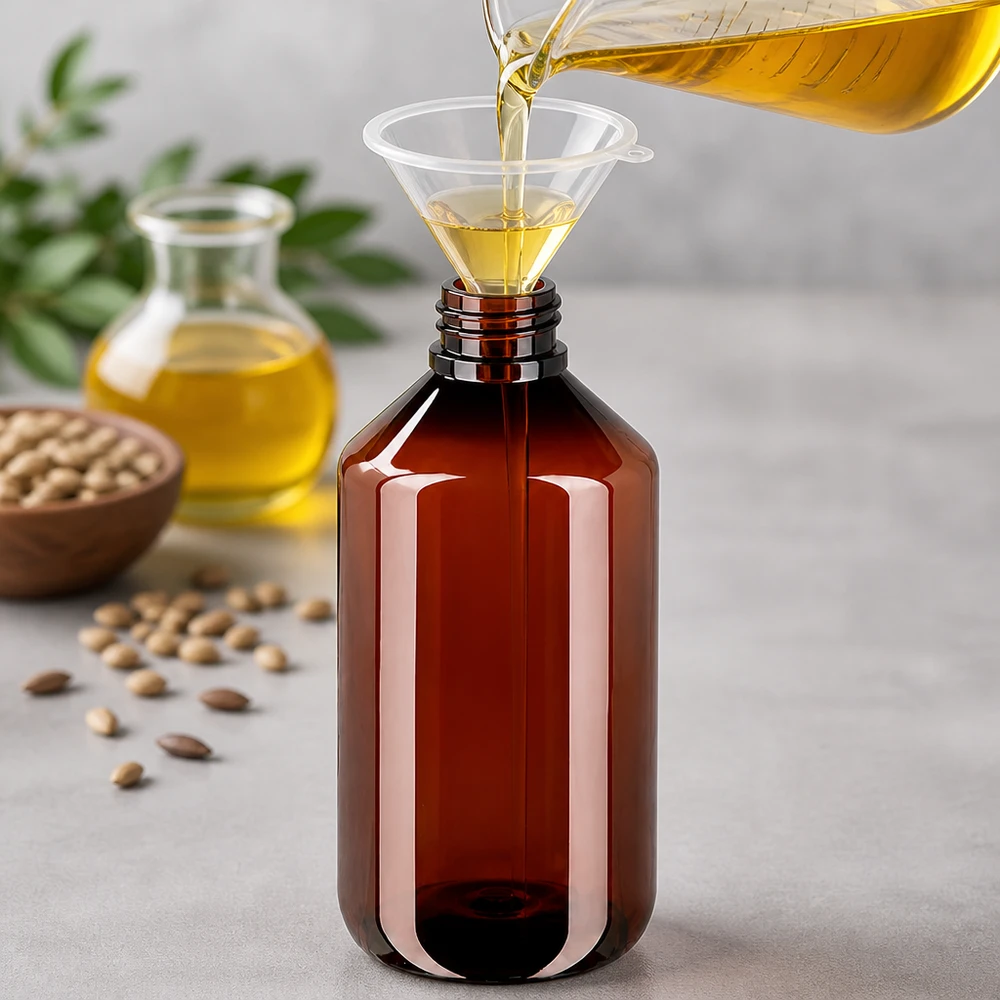 Butelka PET 500ml z nakrętką odgazowującą czerwona Brązową butelkę PET o pojemności 500 ml napełnia się za pomocą lejka złotym olejem roślinnym