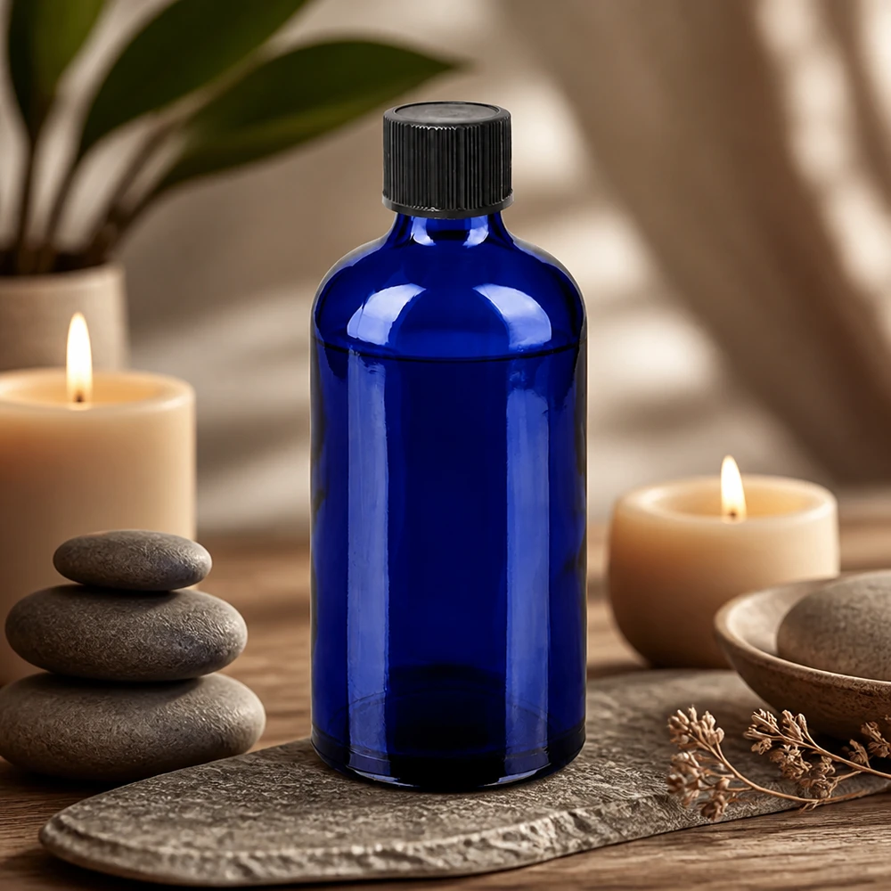 100 ml butelka z zakraplaczem 1 mm czarna STD BlueLine UT18/100 Kobaltowo-niebieska butelka z zakraplaczem o pojemności 100 ml z ochroną UV i czarną zakrętką do substancji wrażliwych na światło