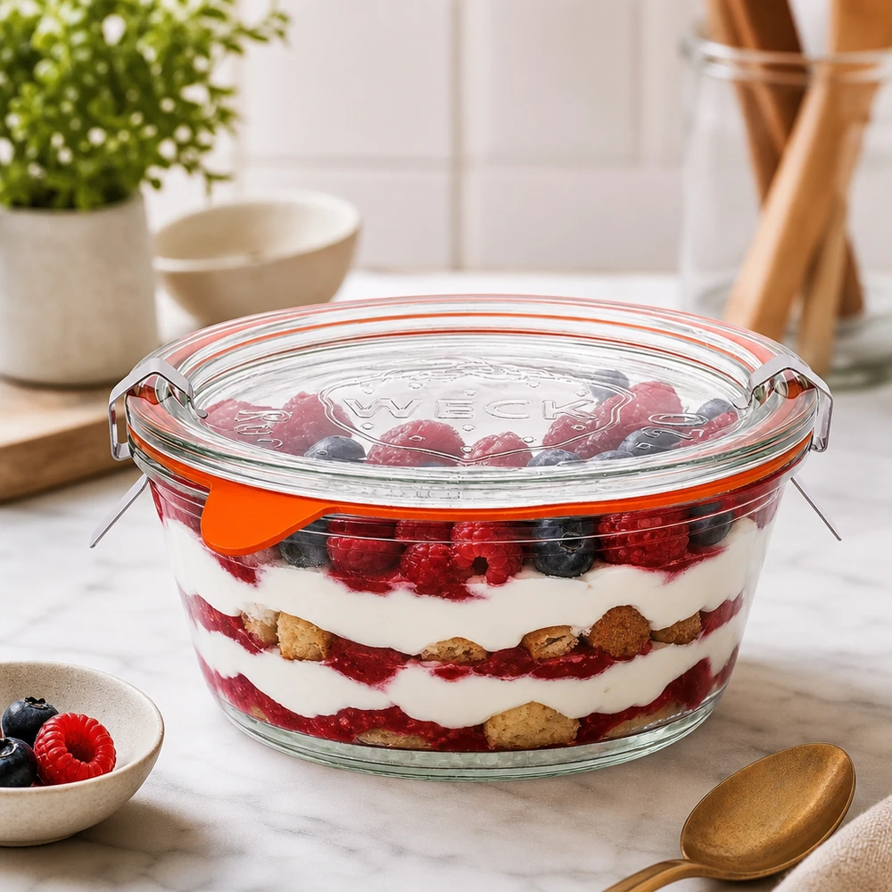 Słoik dla smakoszy 300ml kompletny WECK RR120 WECK gourmet słoik 300ml RR120 wypełniony warstwowym deserem jagodowym, trifle w szklanym pojemniku z pokrywką
