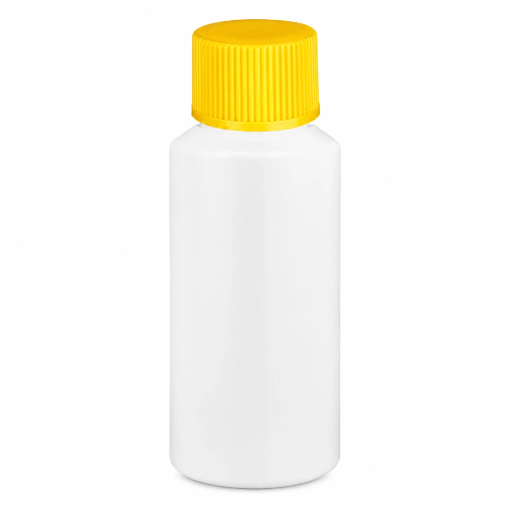 Butelka apteczna HDPE 30ml biała, z żółtym SV Butelka apteczna z HDPE, 30 ml, biała, z żółtym zakrętkiem, wykonana z wysokiej jakości tworzywa sztucznego