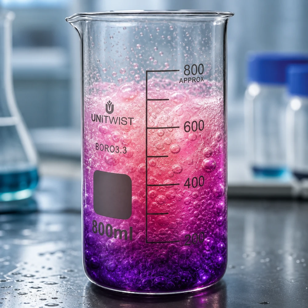 Zlewka 800ml borokrzemianowa, wysoka UNITWIST Szklanka UNITWIST o pojemności 800 ml, wysoka, z borokrzemianu, z różowo-fioletową cieczą i pęcherzykami w laboratorium