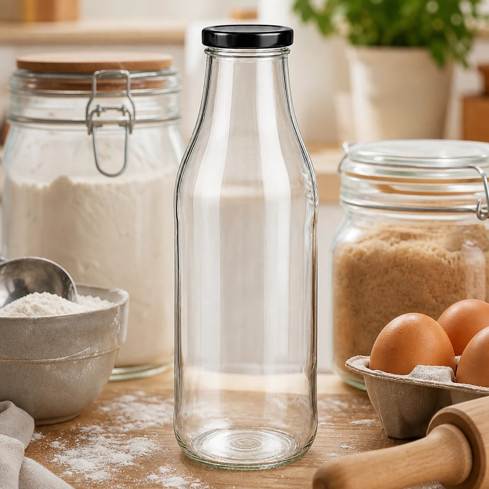 Szklana butelka 1000 ml pusta na drewnianym stole między składnikami do pieczenia, jajkami i mąką jako wyposażenie kuchni