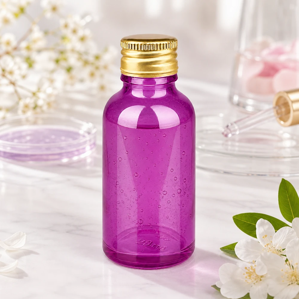 Kompaktowa szklana butelka o pojemności 30 ml w eleganckim fioletowym kolorze z gwintem STD do precyzyjnego dozowania produktów kosmetycznych
