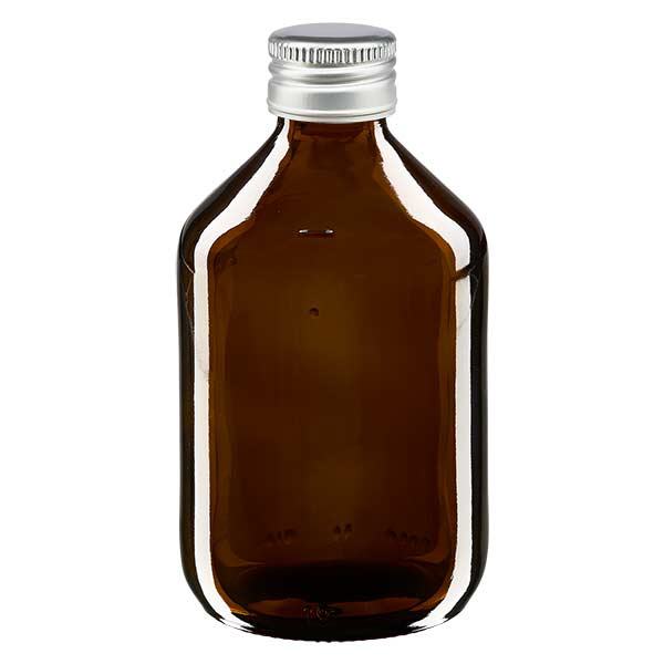 Butelka na lek 300 ml br&#261;zowa, z zakr&#281;tk&#261; ze srebrnego aluminium ApoGlas. Farmaceutyczna jako&#347;&#263; produkcji UE. Gwint 28 mm (PP28). (syrop, butelka z lekkiego szk&#322;a)