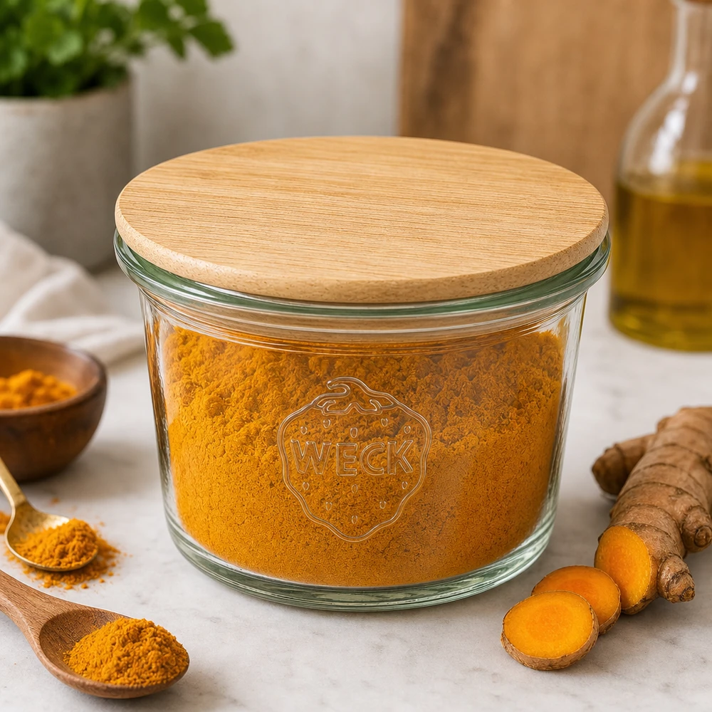 WECK mini szklany słoik 35ml z drewnianą pokrywką wypełniony kurkumą w proszku w kuchni obok świeżych korzeni kurkumy i przypraw