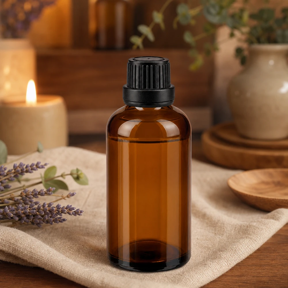 Butelka apteczna brązowa 50ml zakrętka czarna szczelna OV Brązowa szklana butelka o pojemności 50 ml z czarną zakrętką zabezpieczoną przed dziećmi, przeznaczona do aromaterapii i zabiegów wellness