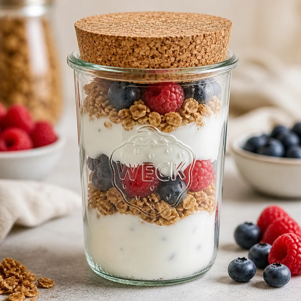 Kubki WECK 850ml RR100 z korkiem jako słoiczek na jogurt parfait z granolą jagodową i deserem z jogurtu naturalnego