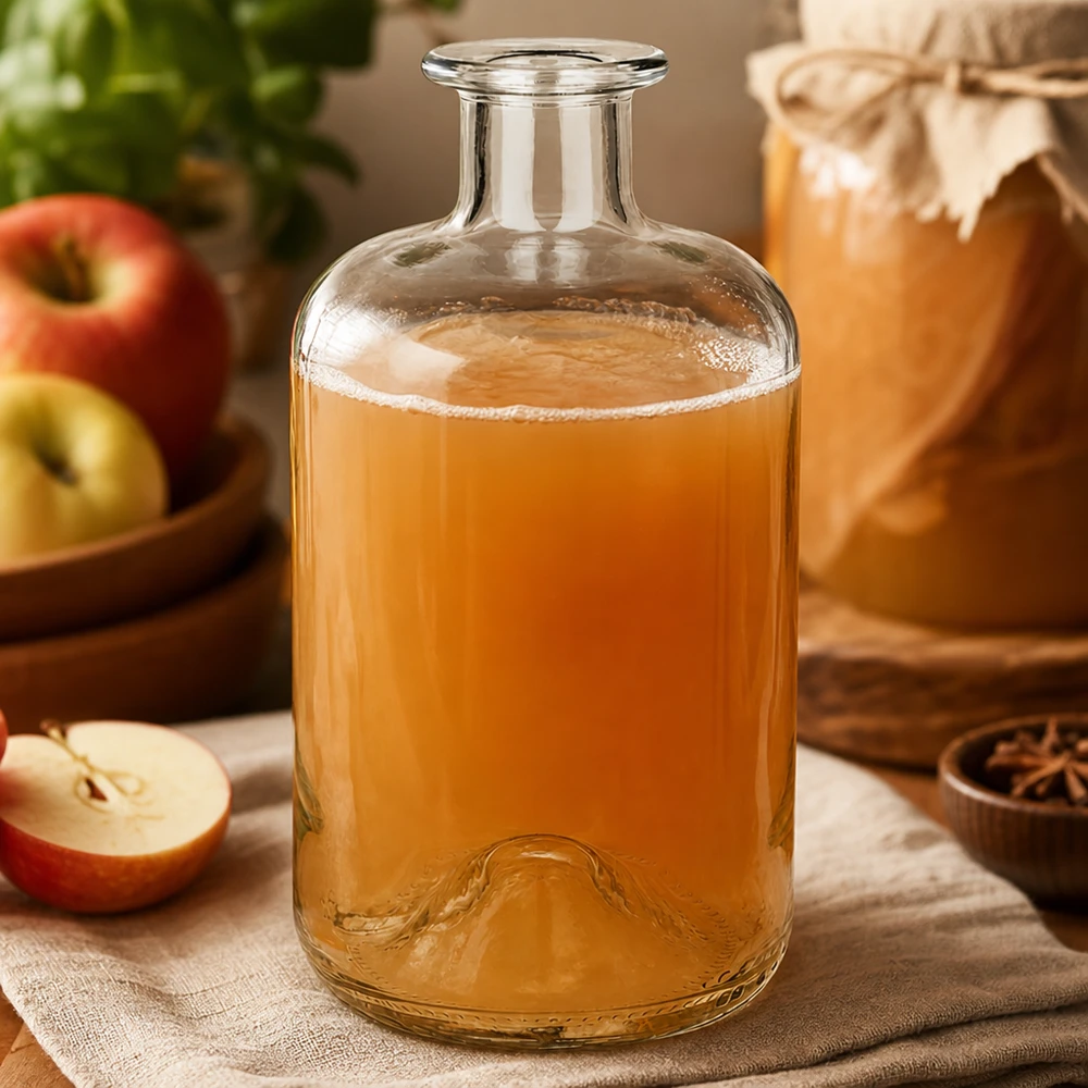 Butelka aptekarska Luna 500ml wypełniona sokiem jabłkowym obok świeżych jabłek i przypraw jako naturalna dekoracja kuchni