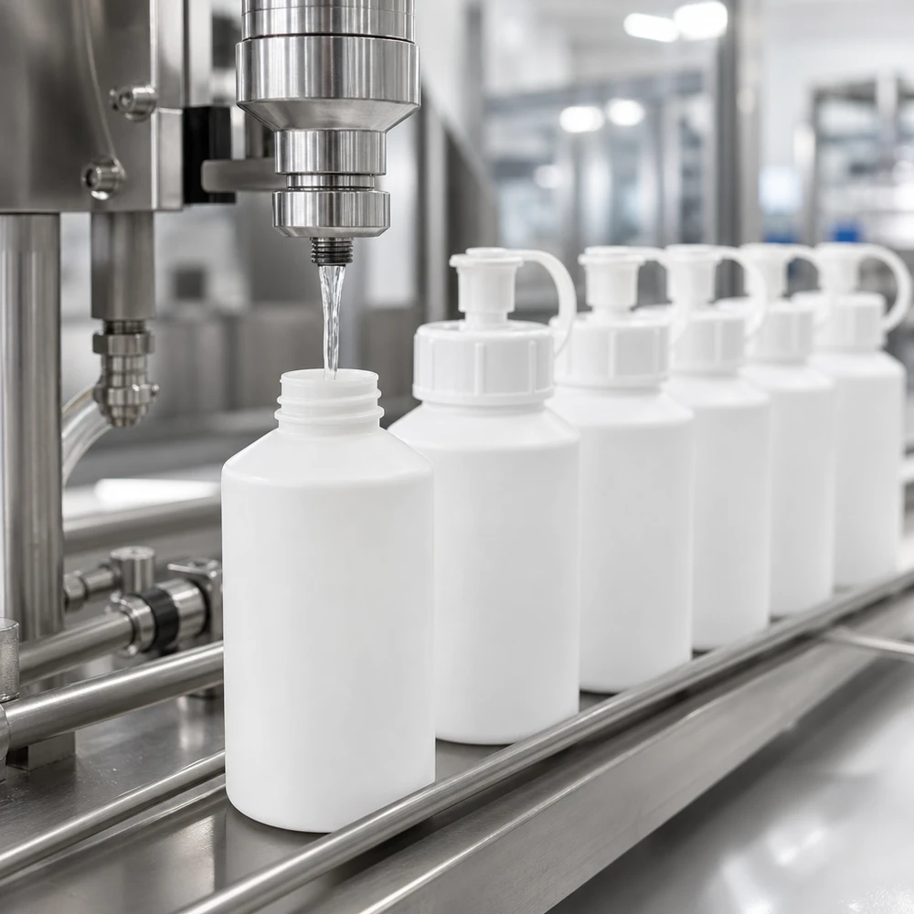 Butelka apteczna HDPE 50 ml z zakrętką, z rozpylaczem Automatyczna linia rozlewnicza napełnia białe butelki apteczne z HDPE o pojemności 50 ml z zakrętką z dyszą