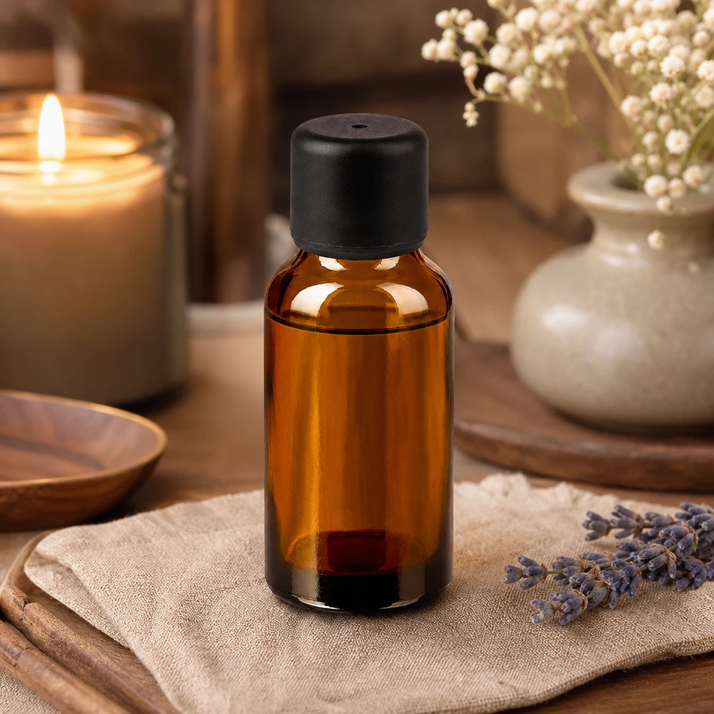 20 ml szklana butelka w kolorze brązowym z ochroną UV i szczelną czarną zakrętką na kosmetyki