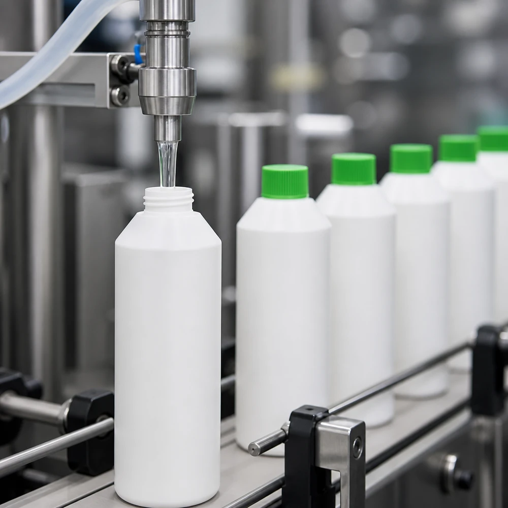 Butelka apteczna HDPE 250ml biała, z zielonym SV Automatyczna linia rozlewnicza napełnia białe butelki apteczne z HDPE o pojemności 250 ml z zielonymi zakrętkami