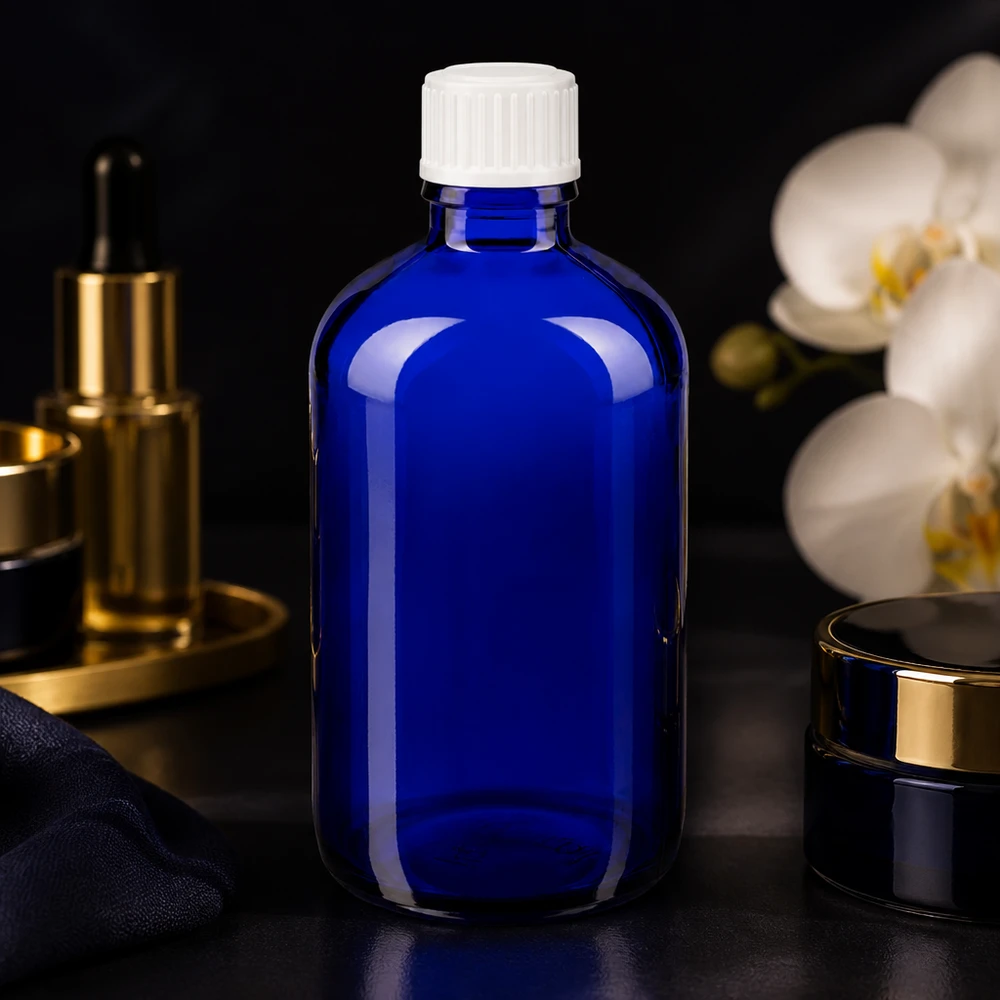 Butelka apteczna niebieska 100ml zakrętka białe kuleczki St Niebieska szklana butelka o pojemności 100 ml z białym zamknięciem zabezpieczającym przed dziećmi, przeznaczona dla branży farmaceutycznej i kosmetycznej