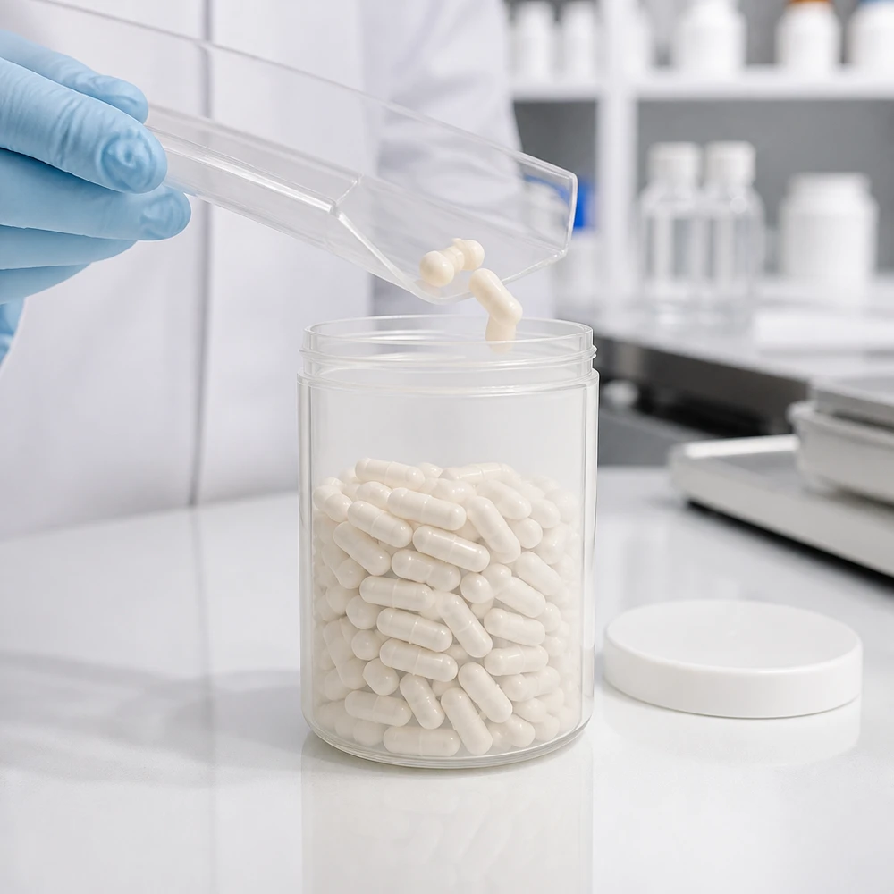 Przezroczyste okrągłe pudełko z białą zakręcaną pokrywką z PP, wypełnione kapsułkami w laboratorium