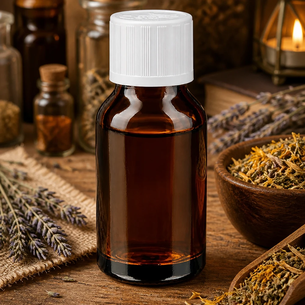 Butelka apteczna brązowa 30ml zakrętka biała KiSi St Mała brązowa buteleczka apteczna o pojemności 30 ml z białą zakrętką, wśród suszonych ziół