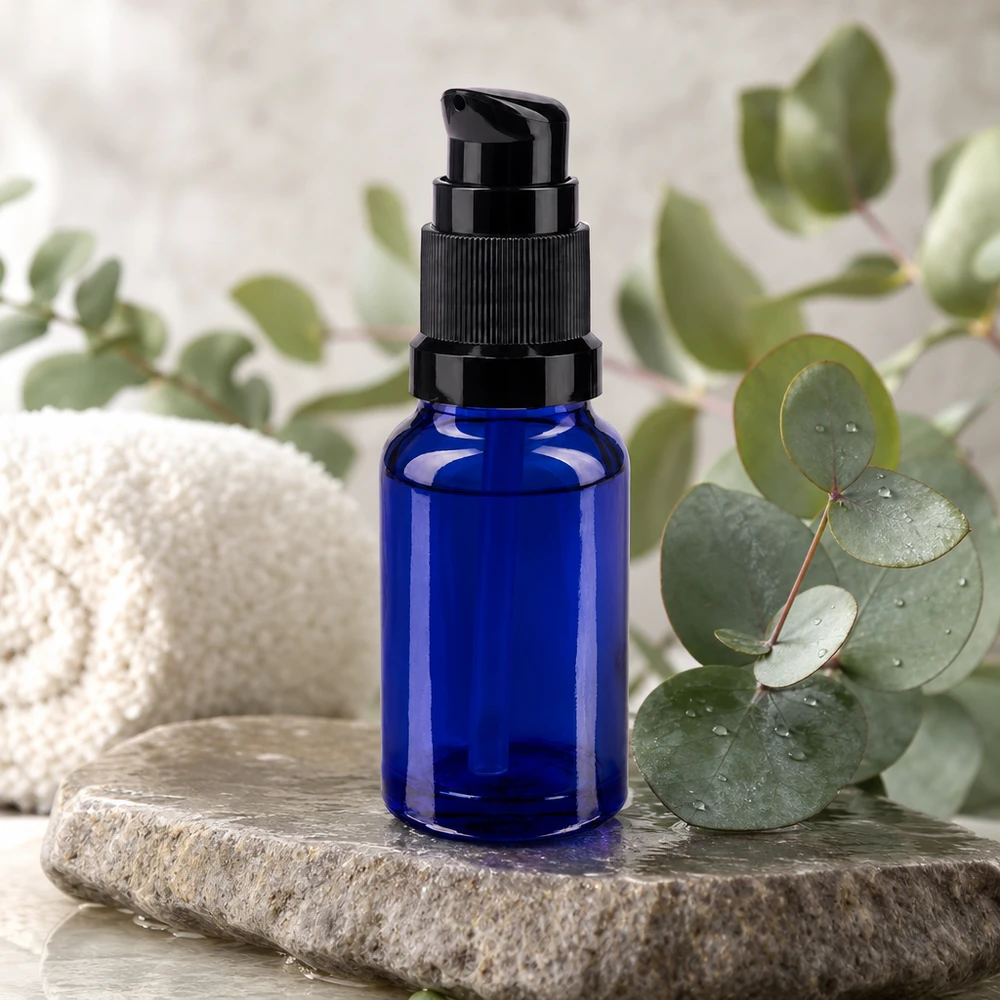 Niebieska butelka z pompką ApoGlas o pojemności 10 ml, stojąca na kamieniu naturalnym z eukaliptusem w atmosferze spa