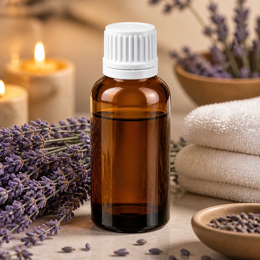 Mała szklana butelka o pojemności 30 ml w kolorze brązowym z białą nakrętką na olejki aromaterapeutyczne i esencje