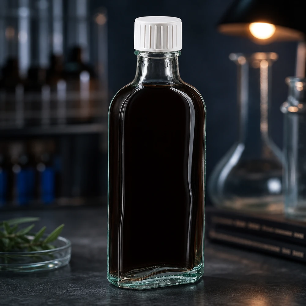 Ciemna szklana butelka Meplat o pojemności 100 ml z białym zakrętkiem na ciemnym tle