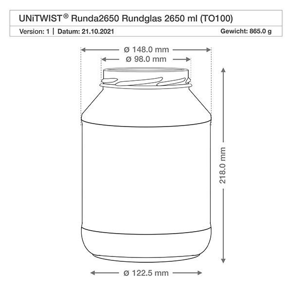 UNiTWIST Runda2650 - Kubki o pojemności 2650ml TO100 Rysunek techniczny UNiTWIST Runda2650 kubków 2650ml o wymiarach średnica 148mm wysokość 218mm TO100