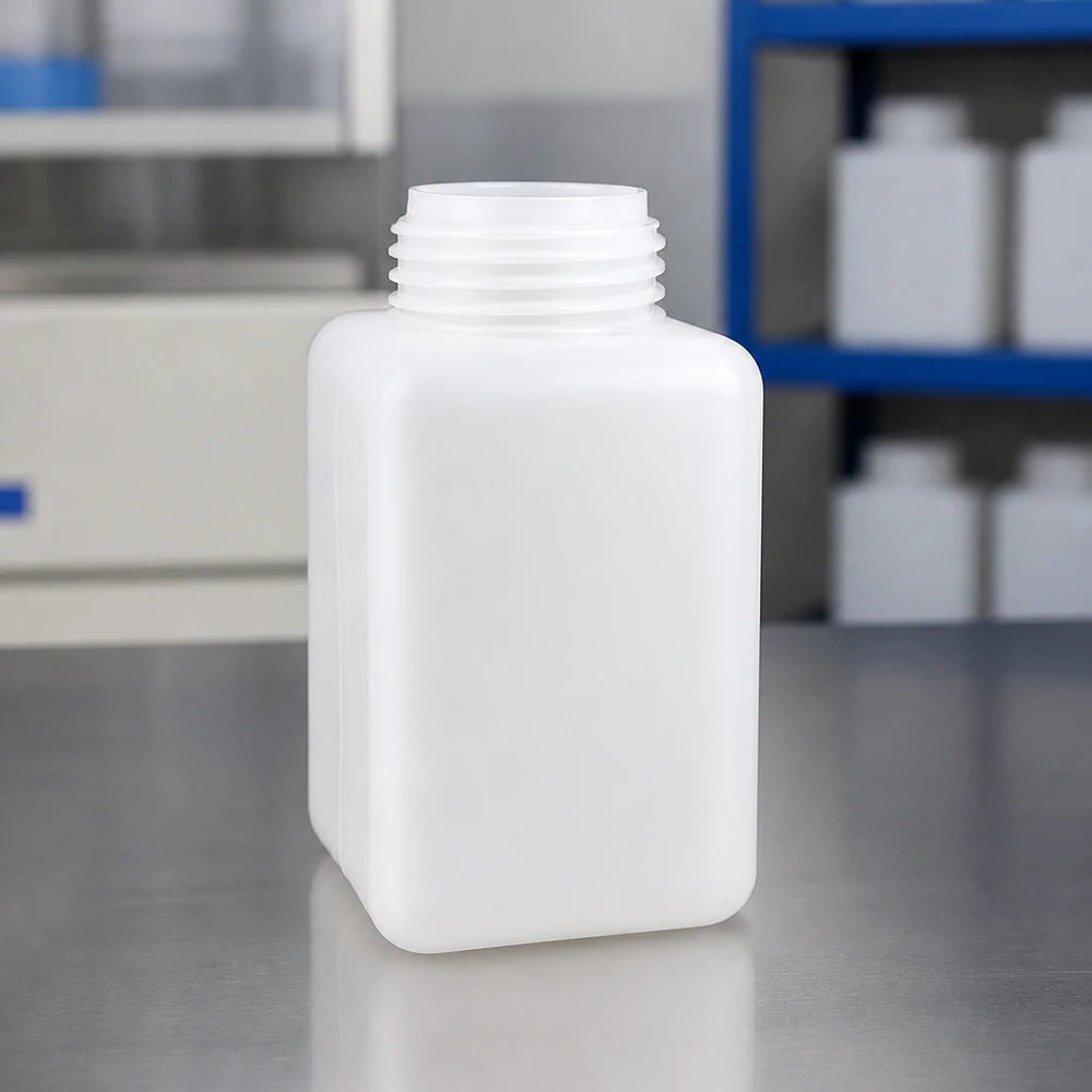 Butelka na chemikalia 1000ml, szeroka szyjka wykonana z PE-HD, kolor naturalny, GL 65 Butelka na chemikalia o pojemności 1000 ml, wykonana z polietylenu wysokogęstościowego (PE-HD), z szeroką szyjką, w naturalnym kolorze, stojąca na blacie ze stali nierdzewnej w laboratorium