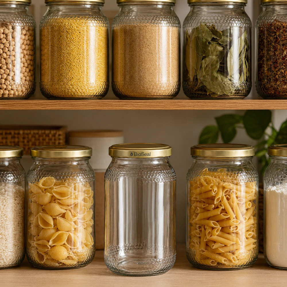 900 ml słoik na miód z pokrywką BioSeal złoty w zorganizowanej spiżarni między makaronami, przyprawami i płatkami zbożowymi