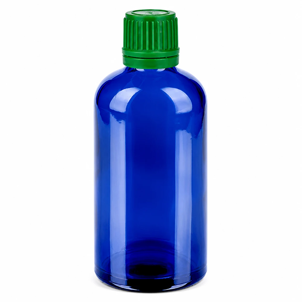 Butelka 100 ml 11 mm SV zielona OV BlueLine UT18/100 Niebieska szklana butelka o pojemności 100 ml z zieloną zakrętką na olejki eteryczne i nalewki