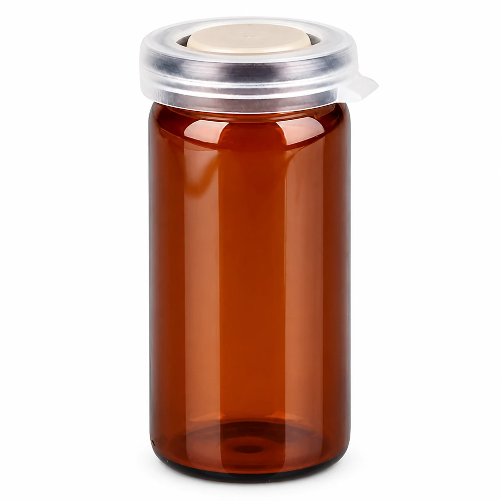Słoik na tabletki/rolki 10 ml brązowy z zatrzaskową pokrywką Brązowa szklana buteleczka z zawiniętym brzegiem o pojemności 10 ml z zatrzaskową pokrywką, przeznaczona do tabletek i kapsułek
