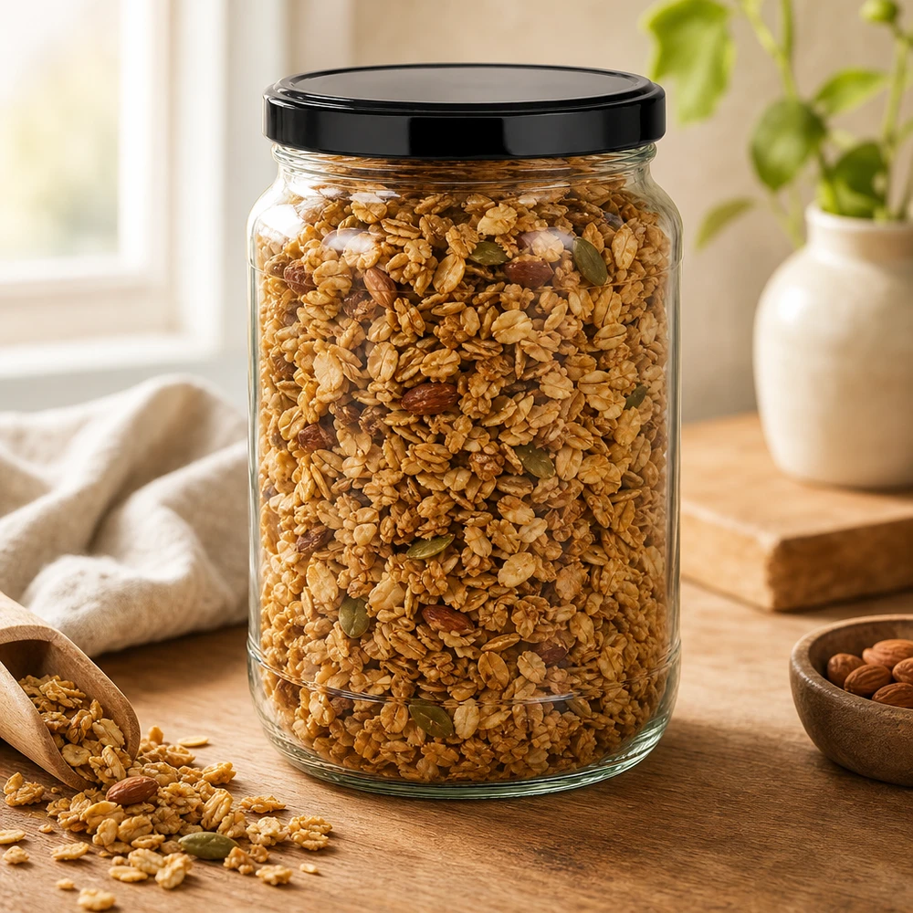 Muesli Granola w okrągłym słoiku 1700 ml z czarną pokrywką BasicSeal i drewnianą szufelką do przechowywania orzechów i płatków śniadaniowych