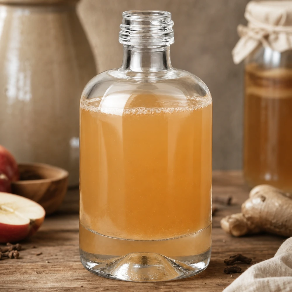 40 ml szklana butelka Sara z bursztynową zawartością w rustykalnym klimacie z przyprawami i owocami bez nakrętki