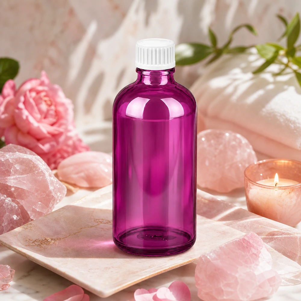 Butelka 100 ml (kuleczka) z pierścieniem nalewowym 3 mm, biała Standard PurpleLine. UT18/100 Fioletowa butelka kosmetyczna 100 ml wykonana ze szkła z białą zakrętką do pielęgnacji skóry i serum