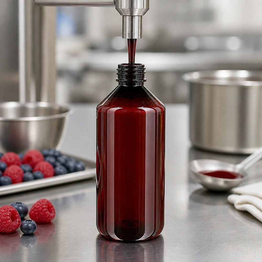 Brązowa butelka PET o pojemności 1000 ml podczas napełniania ekstraktem z czerwonych jagód w profesjonalnej kuchni