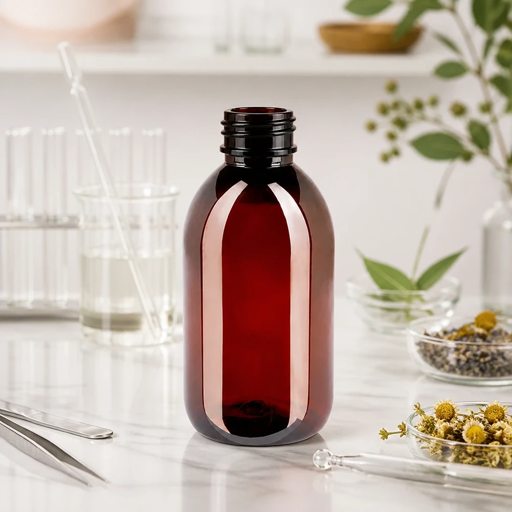 Butelka PET 250 ml z czarną nakrętką OV Transparente bernsteinfarbene 250ml PET Rundschulterflasche mit Sicherheitsverschluss