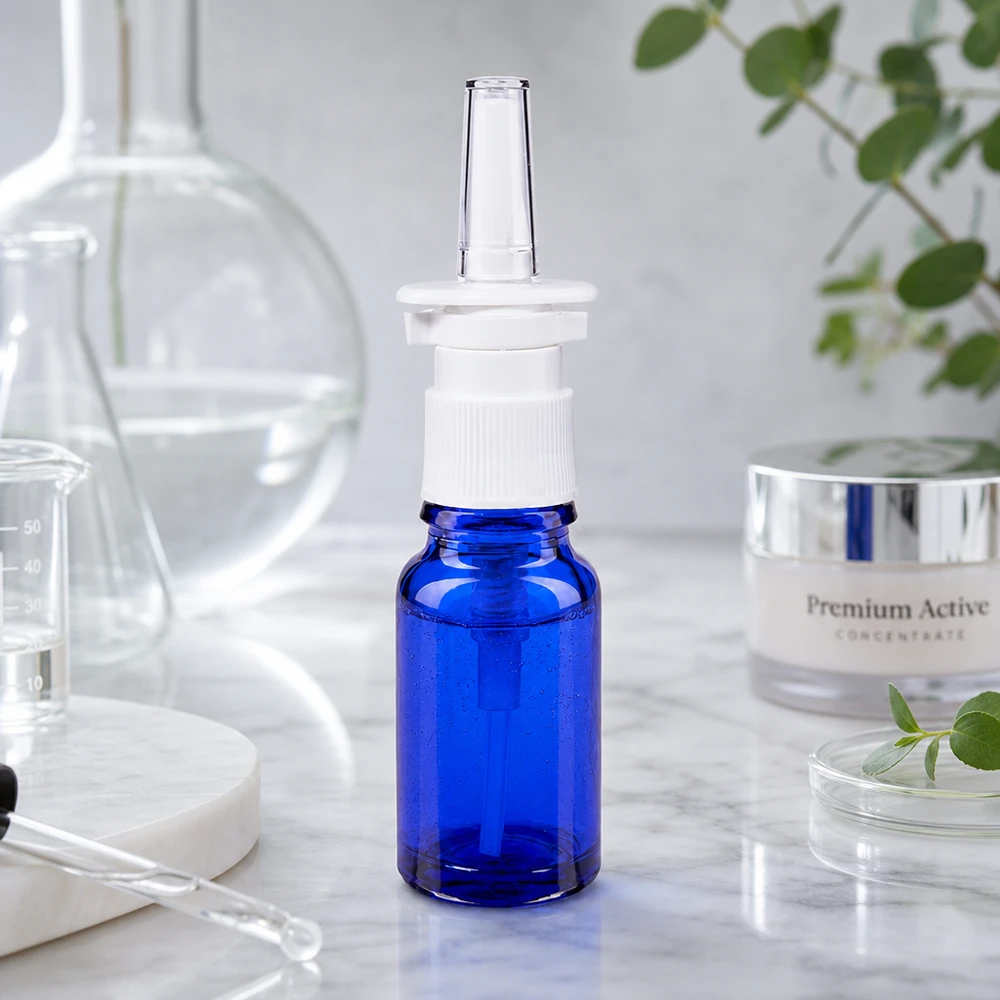 Butelka apteczna niebieska 10ml atomizer do nosa biały St Kompaktowa buteleczka z aerozolem do nosa o pojemności 10 ml w kolorze niebieskim z białą pompką na tle imitującym marmur