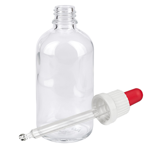 100 ml butelka z pipetą biała/czerwona OV ClearLine UT18/100 Butelka z pipetą ClearLine o pojemności 100 ml, z pipetą kroplową i czerwoną gumową kulką, biała, UT18