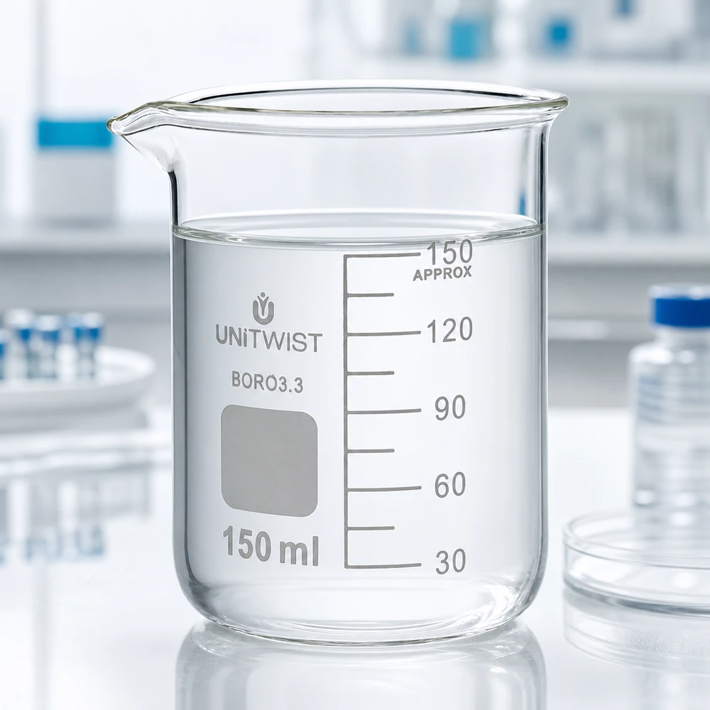 Szklanka UNiTwist o pojemności 150 ml, wykonana ze szkła borokrzemowego 3.3, o niskim profilu, napełniona czystą wodą w laboratorium