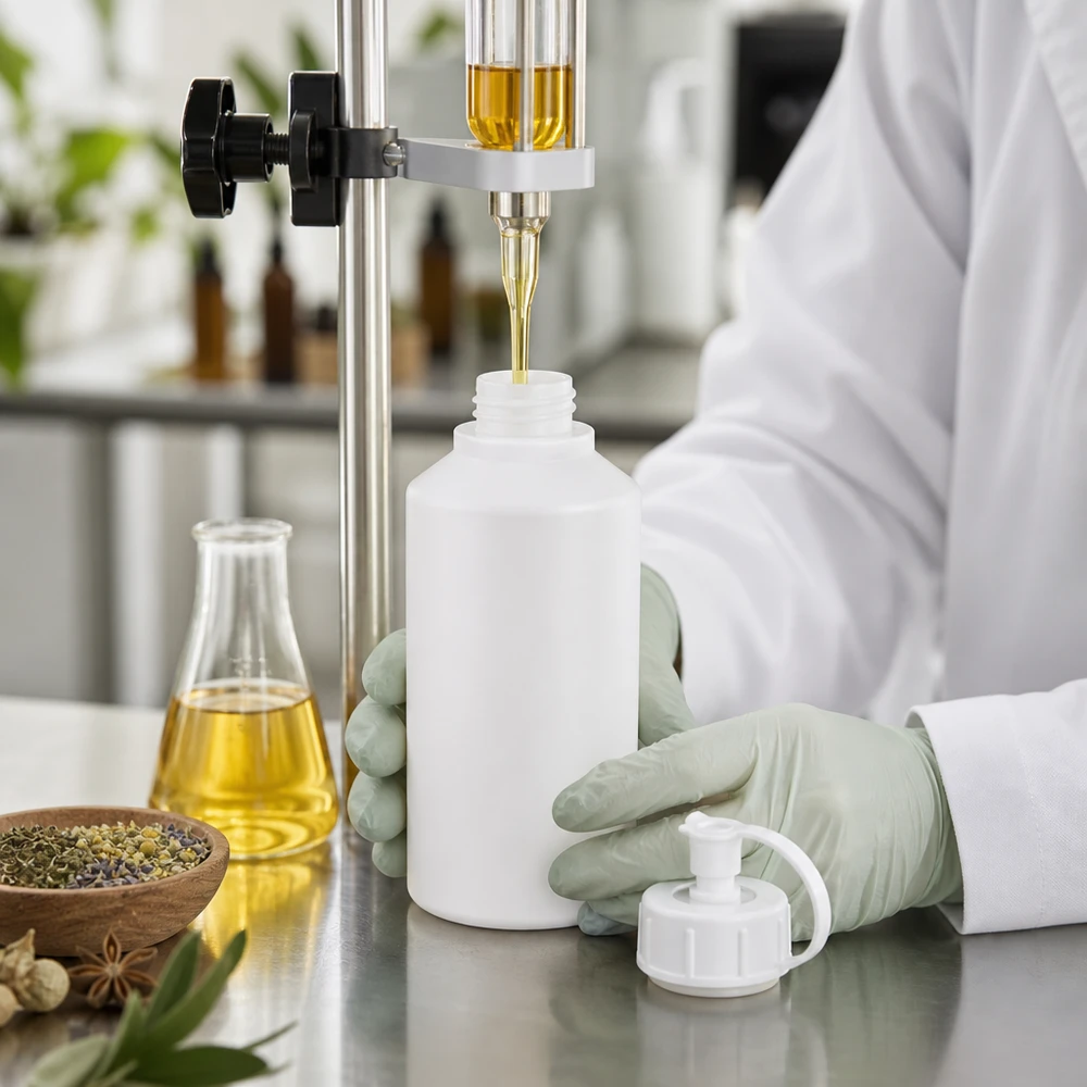 Butelka apteczna HDPE 50 ml z zakrętką, z rozpylaczem Małą białą buteleczkę z tworzywa sztucznego o pojemności 50 ml napełnia się złotym ekstraktem roślinnym za pomocą biurety