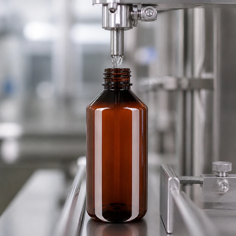 Linia rozlewnicza napełnia brązowe butelki PET o pojemności 1000 ml z klapką w produkcji farmaceutycznej
