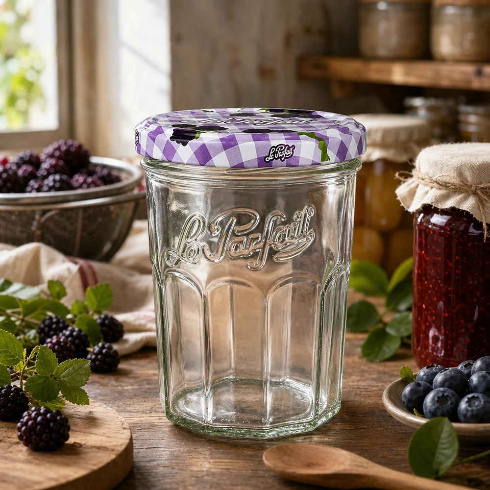 Kubki Le Parfait 385 ml w rustykalnej kuchni ozdobione świeżymi jagodami i domową konfiturą