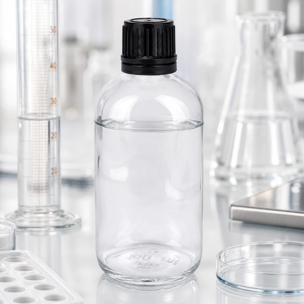 100ml (kulka)Flas. 8mm GR s. STD ClearL. UT18/100 Przezroczysta butelka laboratoryjna o pojemności 100 ml z nakrętką typu globule o średnicy 8 mm i czarną plastikową pokrywką