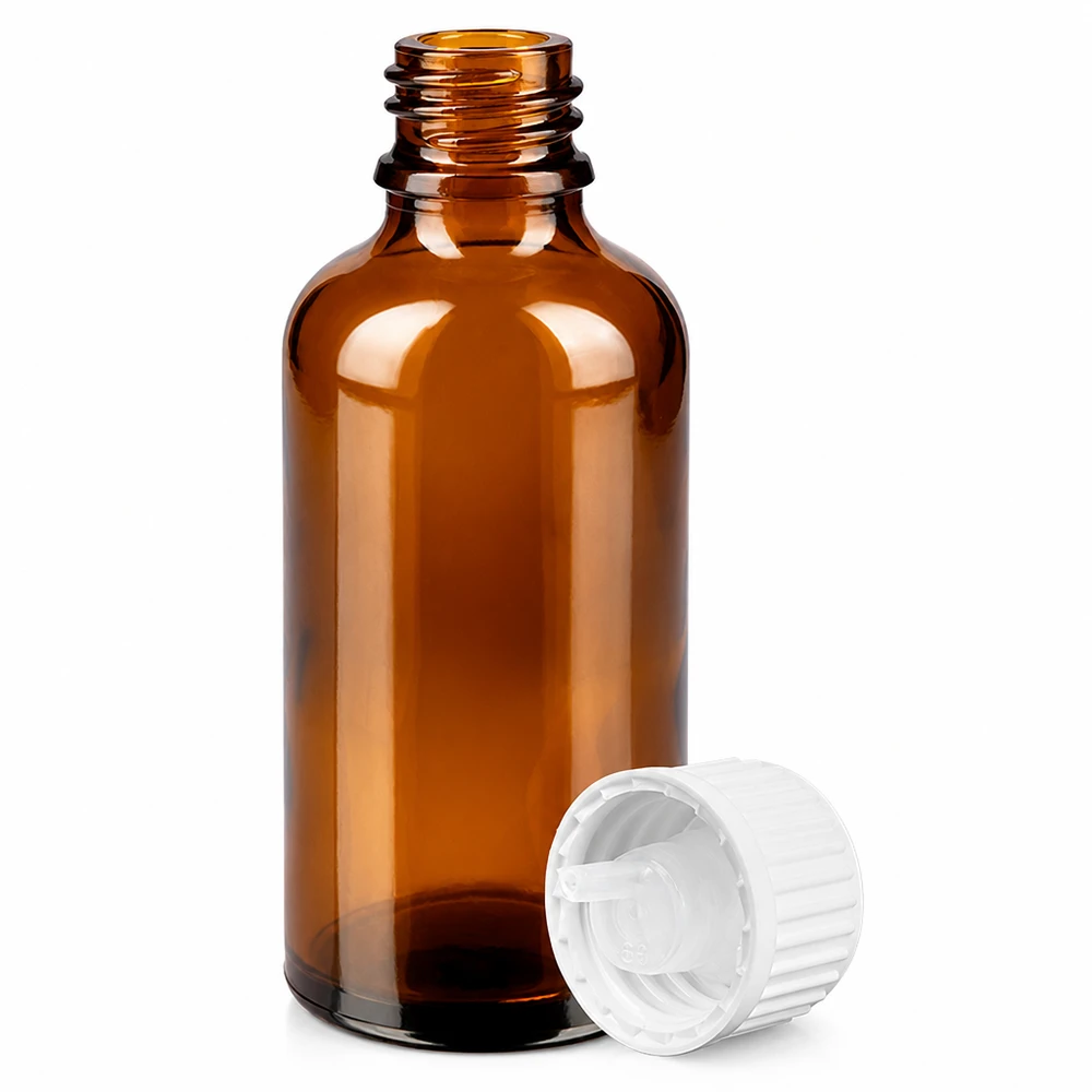 Butelka z kroplomierzem 50 ml 0,9 mm biały STD BrownLine UT18/50 Butelka z zakraplaczem BrownLine 50 ml wykonana z bursztynowego szkła ze standardową białą zakrętką dla aptek i laboratoriów